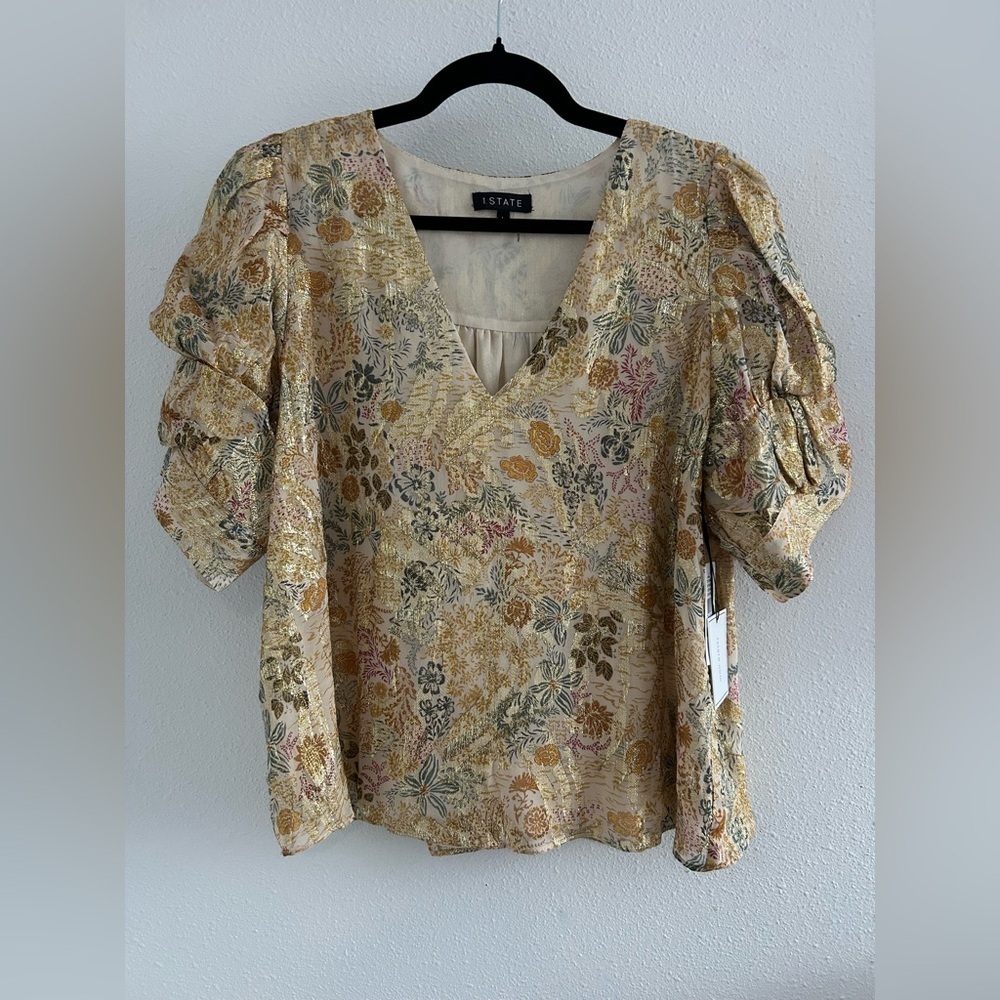 1. State Metallic Floral V-Neck Puff Sleeve Top Size Large